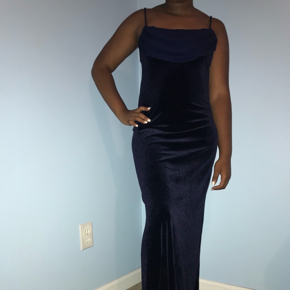 Blue velvet evening gown.